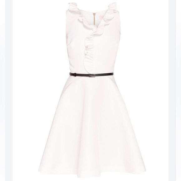 NWT Ted Baker London Ivory Qwinn ruffled Twill V-Neck Front Skater Dresss - Picture 7 of 15